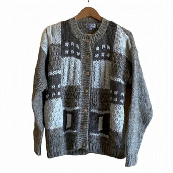 Ninon Cardigan Woman Large Patchwork Neutral Wool Blend Oversized Gorpcore Y2K - Picture 1 of 12